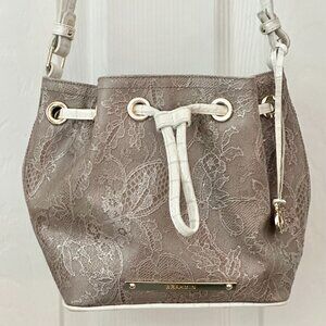 Brahmin Melinda Drawstring Floral Lace Bucket Bag Taupe Gray White Crossbody